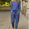 thumbnail image 2 of Diufon Cotton Linen Womens Sets Round Neck Long Sleeve Tops Solid Color Lace-Up Pants with Pockets, 2 of 6