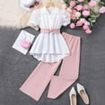 thumbnail image 2 of Huowey Girls Summer Outfit Solid Color Short Puff Sleeve Button Bown High Low Turndown Collar Shirt Straight Leg Trousers Two Piece Stylish Clothing Set Spring Travel Clothes,Pink,11-12 Years, 2 of 9