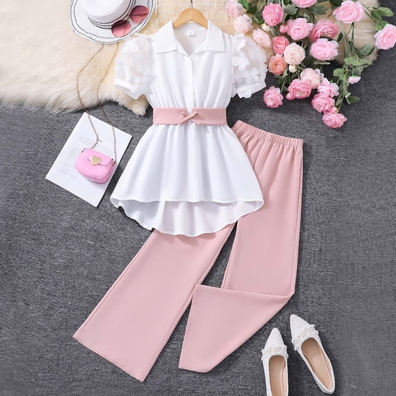 CUZIBR Girls Summer Outfit Solid Color Short Puff Sleeve Button Bown High Low Turndown Collar Shirt Straight Leg Trousers Two Piece Stylish Clothing Set Spring Travel Clothes,Pink,11-12 Years