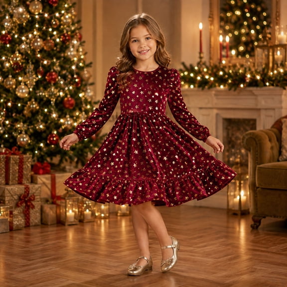 XAOFW Girls Christmas Dress Velvet Long Sleeve Glitter Star Ruffle Hem Party Dresses Kids Stage Performance Breathable Sundress