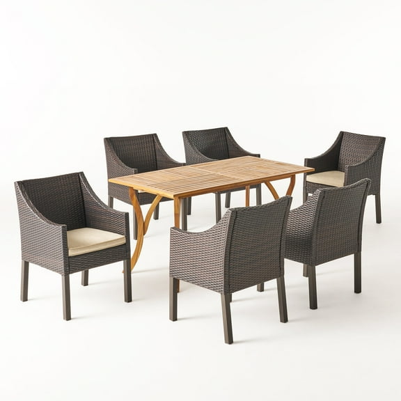 GDF Studio Elodie Outdoor Wicker and Acacia Wood 7 Piece Dining Set with Cushions, Multibrown, Beige, and Teak