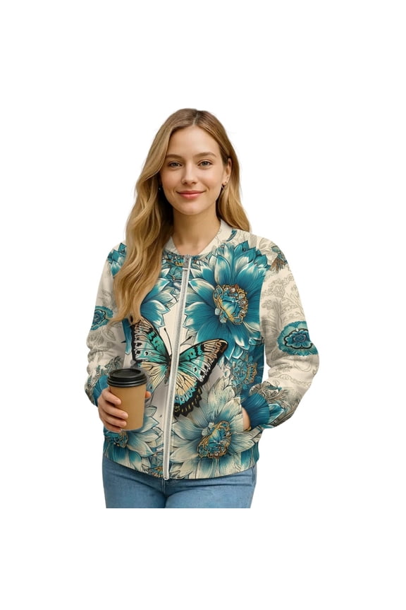 Xoenoiee Womens Bomber Jacket Cropped Zip Up Varsity Jacket Loose Fit Casual Coat Lightweight Fall Winter Outwear With Pockets, Boho Mandala Butterfly, XX-Large
