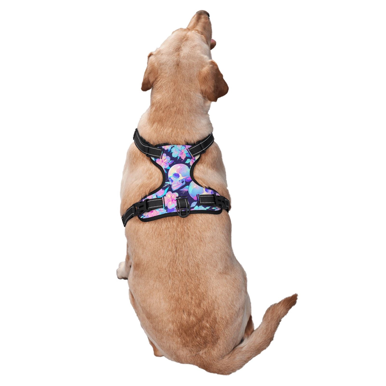 Vsdgher pinkk flower crystal Skull Pattern Dog Harness,No Pull Pet Harness with Soft Padded Handle,Adjustable Reflective Vest with 2 Buckles,4 Slide Buckles,S-XL Medium