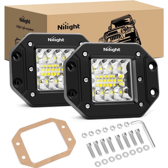 Nilight 2PCS 42W Flush Mount LED Light Pods Spot Flood Combo Backup Reverse Driving Headlamp Mount on Bumper Grille for 4x4 Offroad Truck SUV