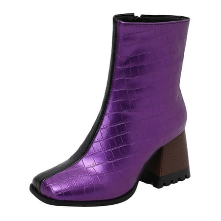 YHGFVOKJ Boots for Women Leather Square Toe High Heel Patchwork Colorblocking Pattern Mid Calf Large Size Ankle Boots Short Boots Shoes Platform Boots for Women Purple 40
