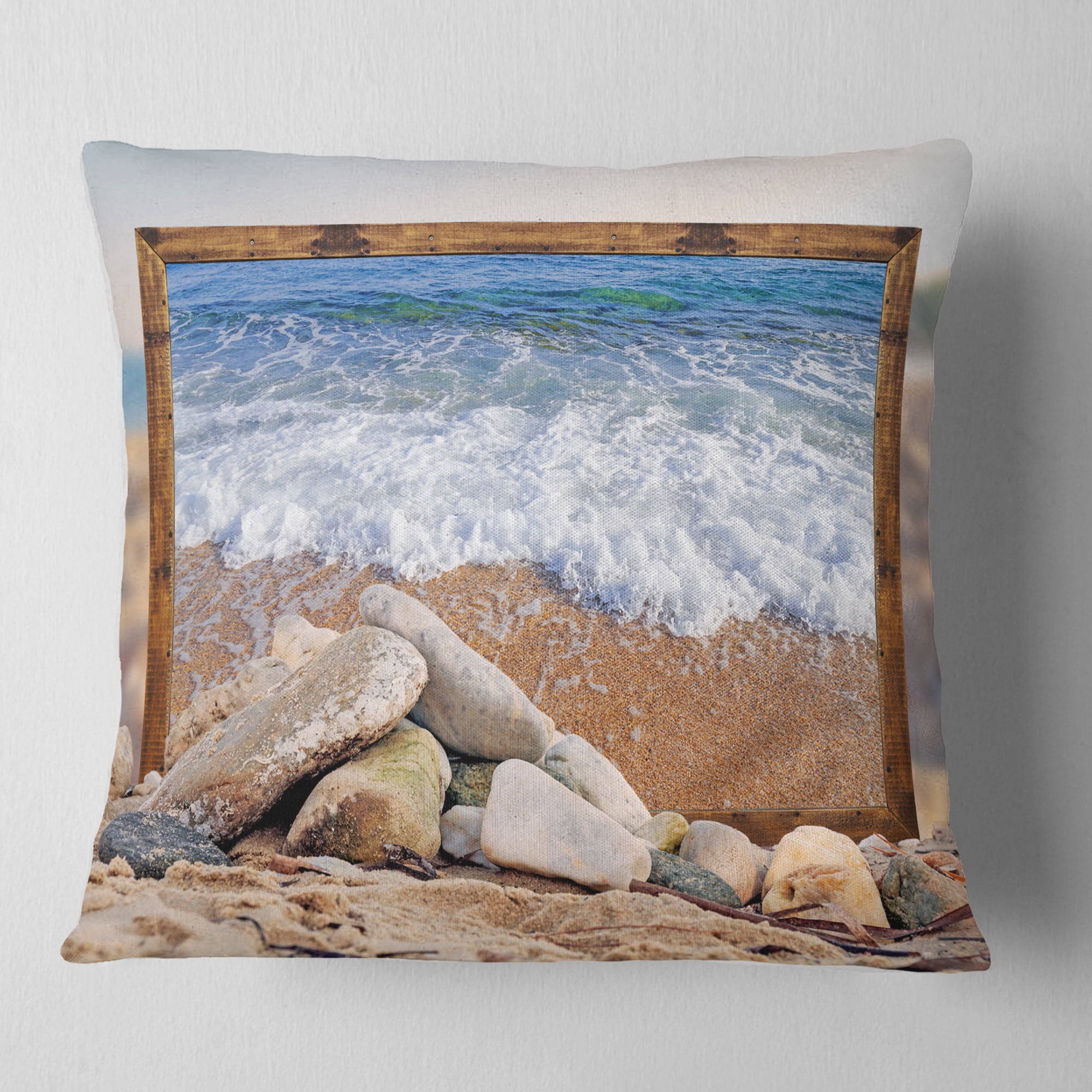 Designart Framed Effect Waves and Rocks - Seashore Throw Pillow - 18x18