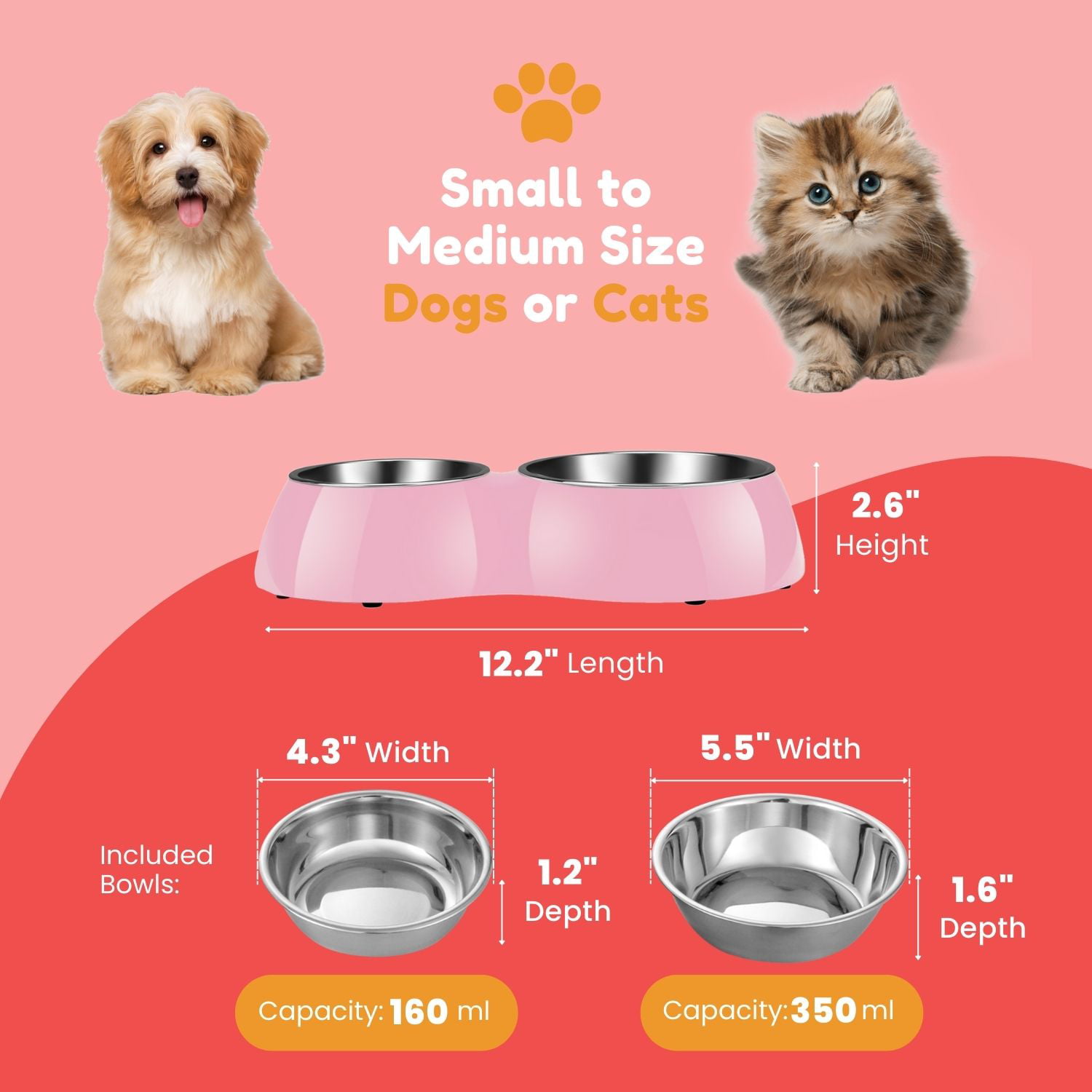 Internet's Best Bone Dog Bowl Set - Double Stainless Steel Pet Food Water  Bowls - No Spill Silicone Stand - Small Pets - Pink