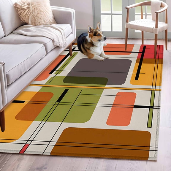 Area Rug for Living Room, Green Orange Geometric Non-Slip Indoor Large Carpet for Bedroom/Dining Room, Modern Abstract Art Luxury Washable Low-Profile Rectangle Floor Mat Runner Rugs - 2.7 x 5 Ft