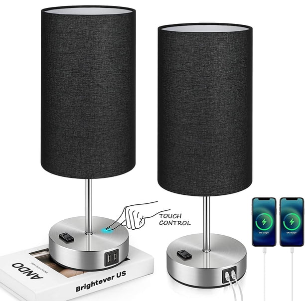 Juego de 2 lámparas de mesa con táctil y 2 puertos de carga USB y tomacorriente de CA, lámparas de mesa de noche de 3 modos de iluminación con pantalla de tela blanca para lectura, dormitorio