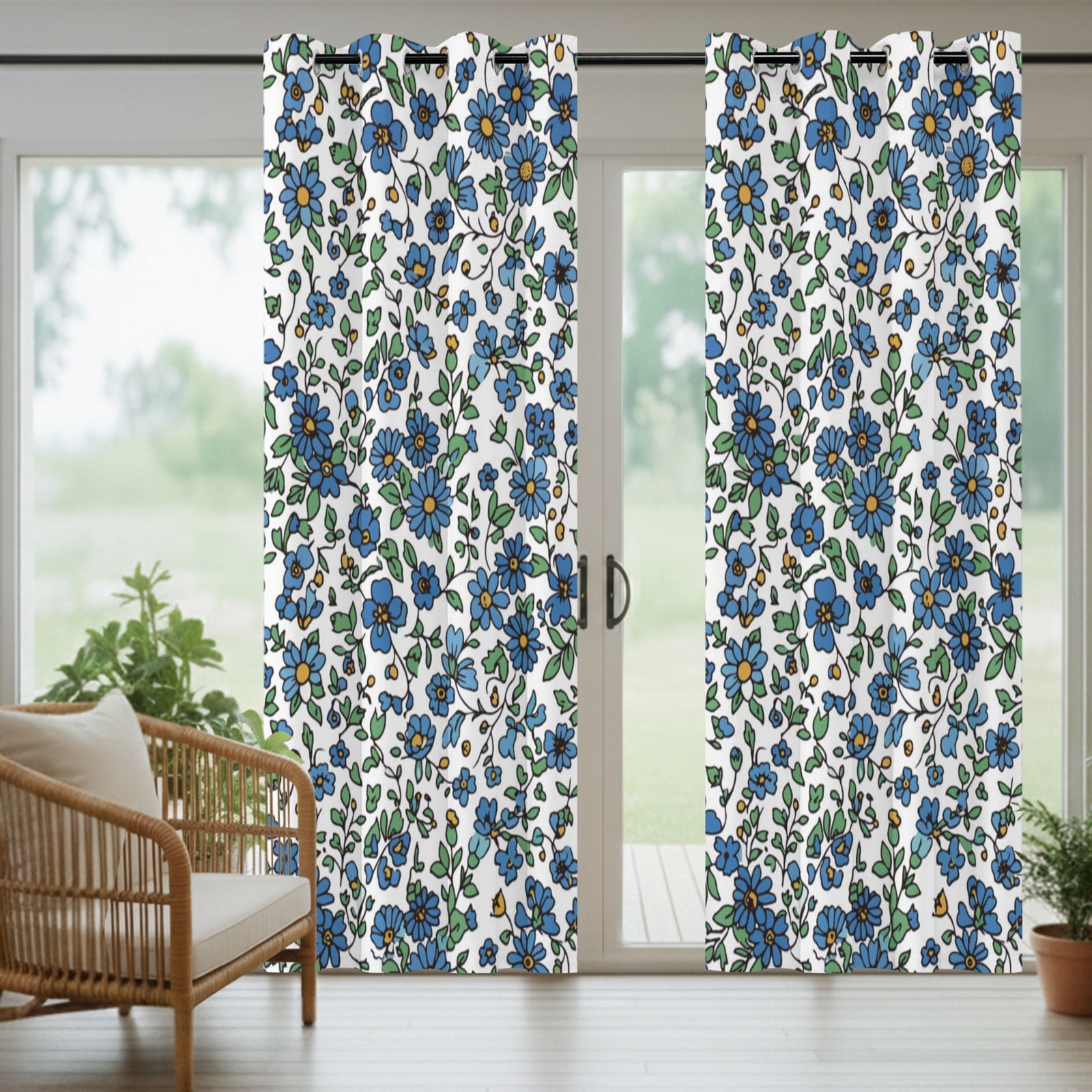 Blue Floral Outdoor Curtains for Patio, Botanical Farmhouse Nature Sunshade Privacy Drapes Grommet Waterproof Outside Curtains for Porch/Cabana/Balcony 54"x 108", 1 Panel