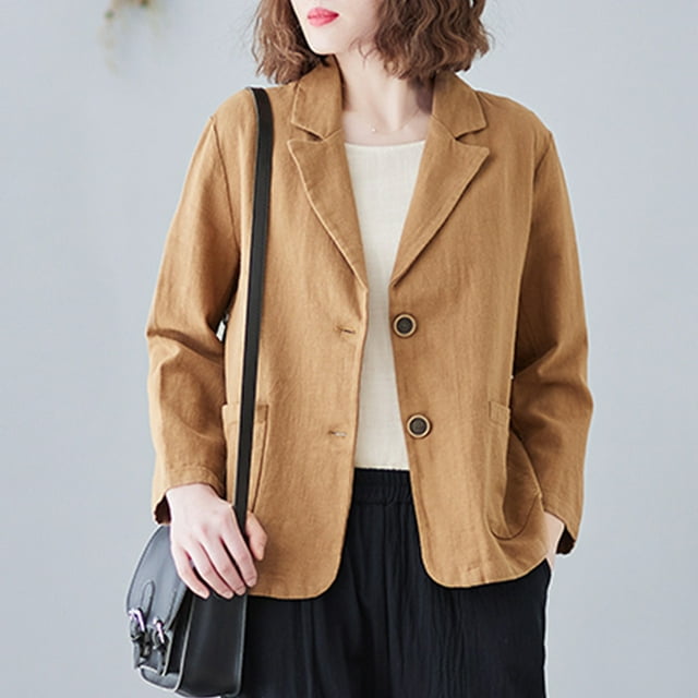 EGNMCR Veste à Manches Longues pour Femmes, Manteau et Vestes Décontractés Sans Capuche à Manches Longues pour Femmes, Veste Cardigan Courte en Lin à Col Rabattable à Manches 3/4, Petit Complet, Haut Veste pour Femmes, Chemisier à Carreaux