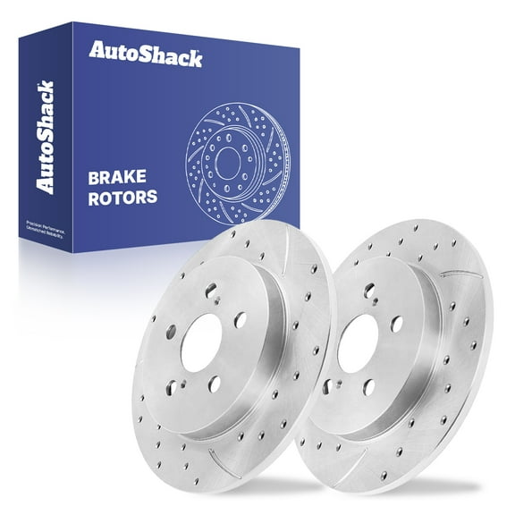 AutoShack Rear Solid Drilled & Slotted Silver Zinc Coated Brake Rotors 2-PC Set Replacement for 2009-2022 Toyota Corolla 2010-2022 Toyota Prius 2011-2016 Lexus CT200h SilverShield Pro 10.2" (259 mm)