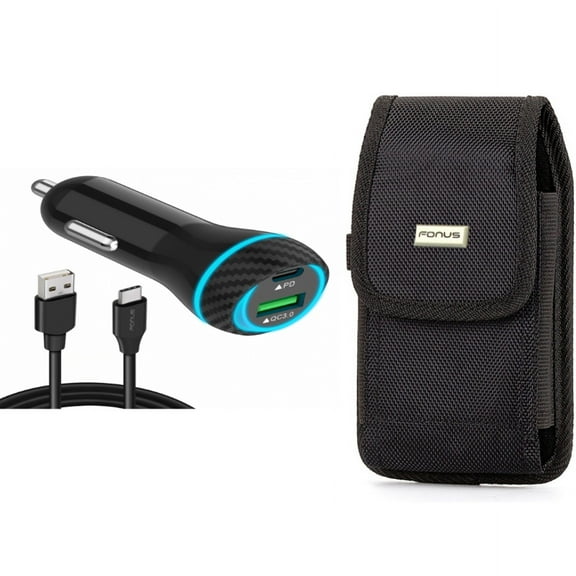 Case Belt Clip & Quick Car Charger for iPhone 15 Pro Max - Rugged Holster Canvas Cover and 43W 2-Port USB Cable Type-C PD Power Q7P for iPhone 15 Pro Max (6.7")