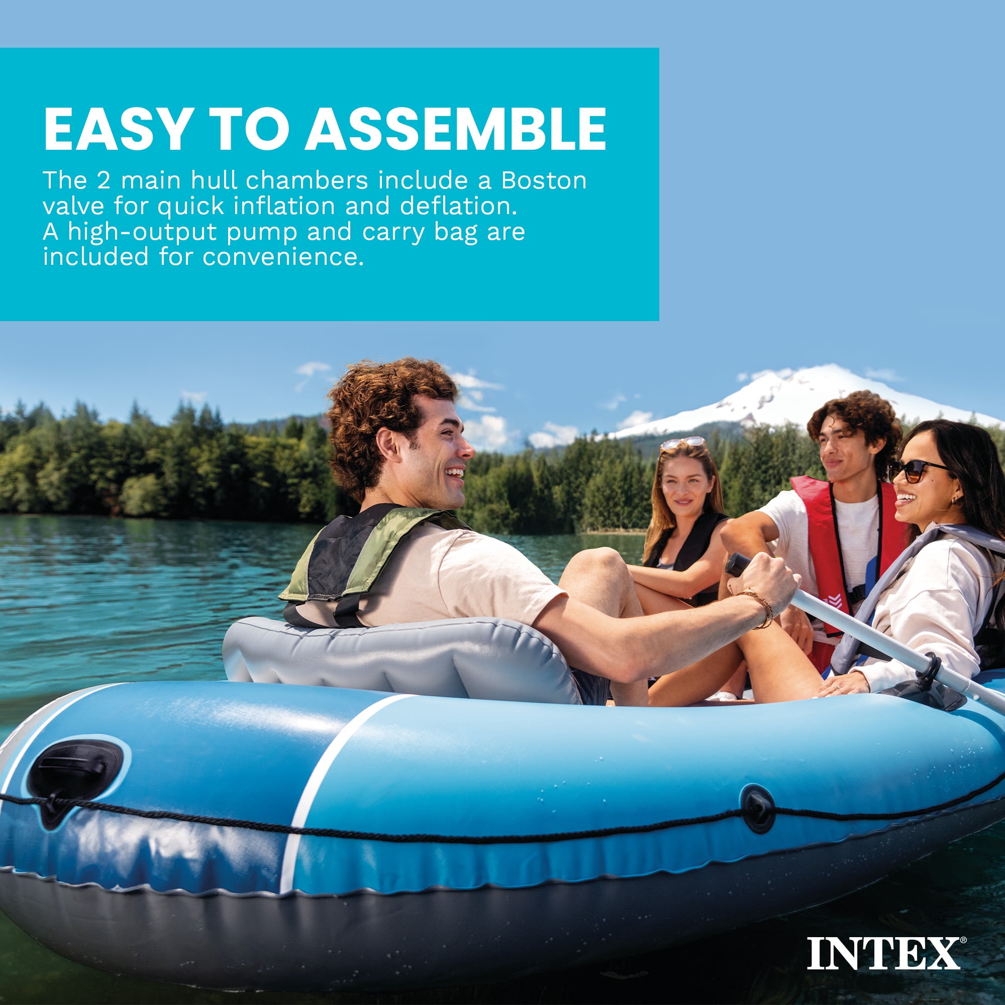 INTEX 66324EP Excursion 4 Inflatable Boat Set w/Oars, Pump, Adjustable Seats & Rod Holders