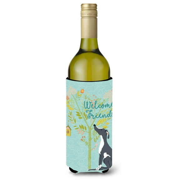 Carolines Treasures BB7592LITERK Welcome Friends Black White Greyhound Wine Bottle Beverge Insulator Hugger  Wine Bottle