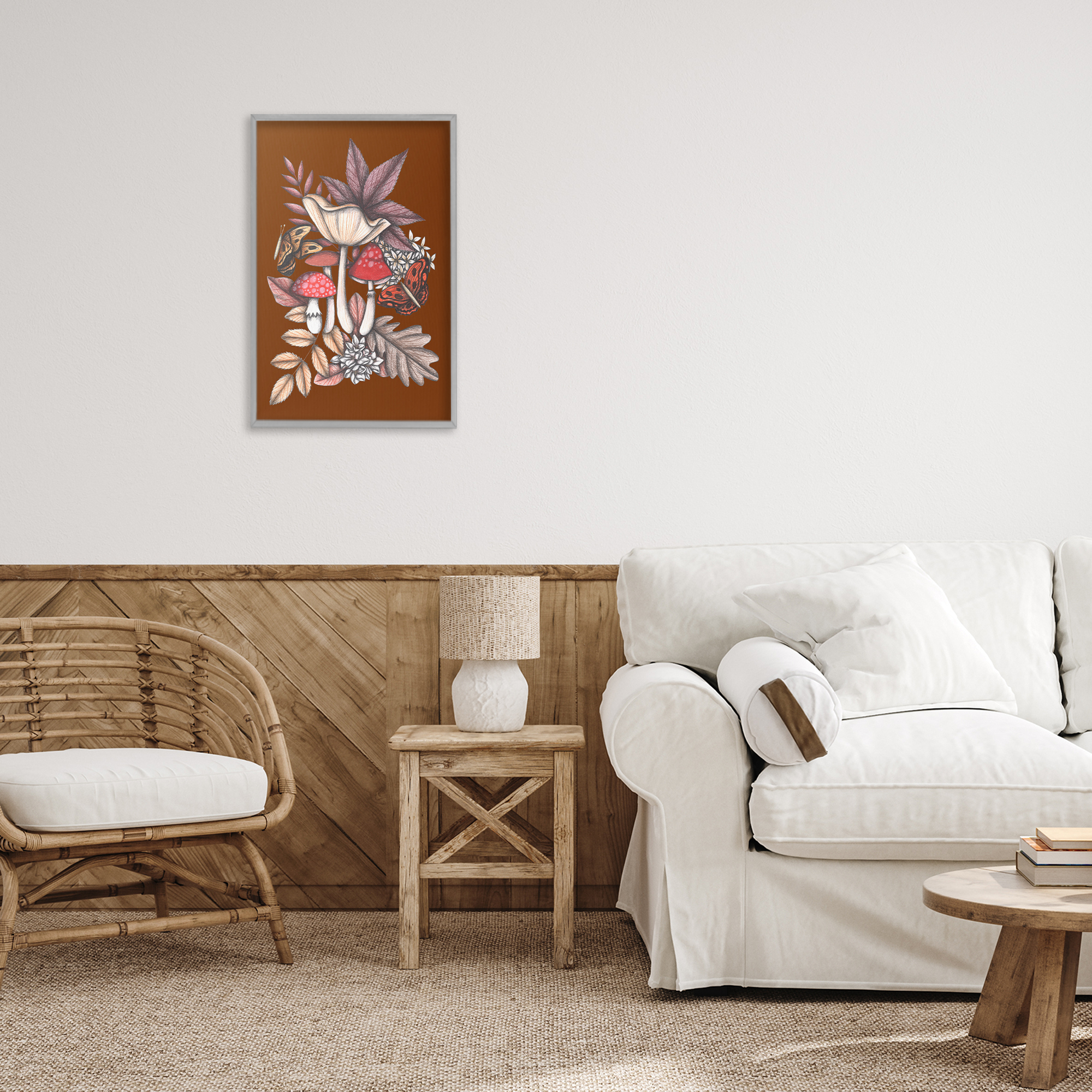 Autumn Mushrooms Magic Gray Framed Giclee Art, design by Cecilia Battaini