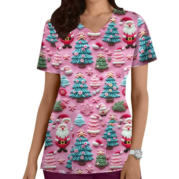FcBaudy Womens Tops, Short Sleeve V-Neck Blouses & Shirts Women's Casual Printed Pocket Short Sleeve V-Neck Nurse Top Women Polyester Blouse