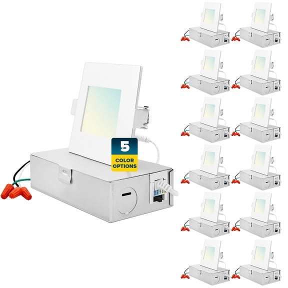 Sunperian 12-Pack 3 inch Square Ultra-Thin LED Recessed Light J-Box 5 Color Options 8W 540 Lumens Dimmable Wet Rated