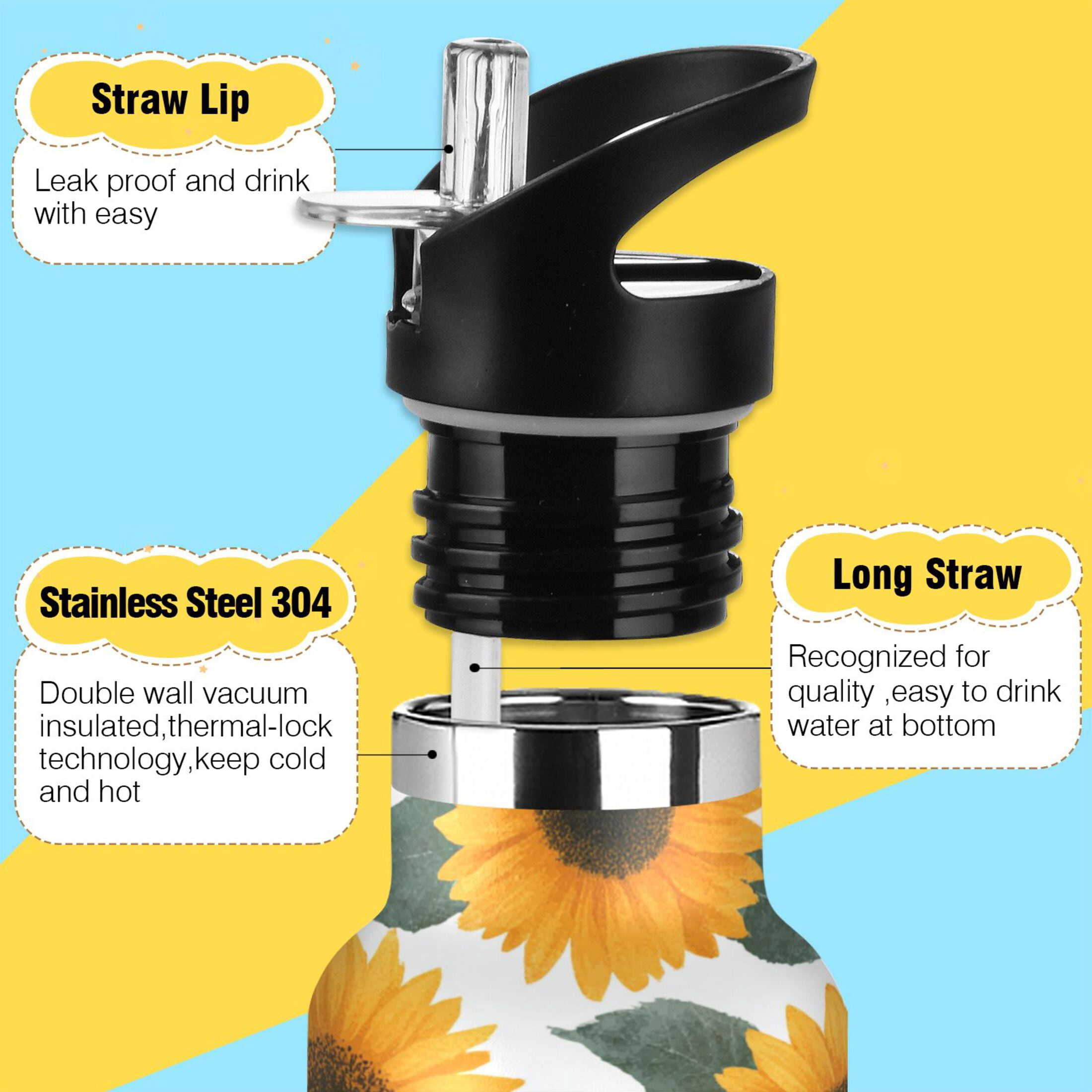 Kids Insulated Stainless Steel Sports Water Bottle 600ml (20oz) Orange Sunflowers