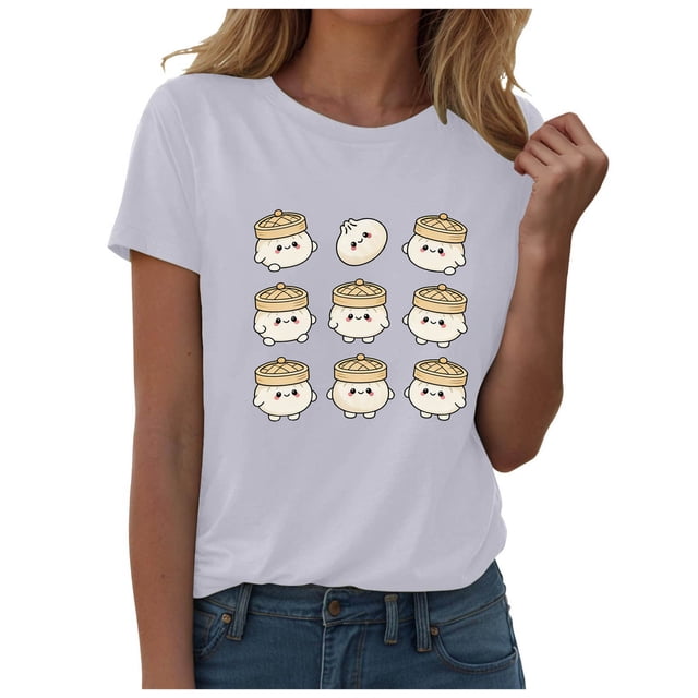 DXOUPM T-Shirts pour Femmes Mignon Imprimé Boulette Col Rond Manches Courtes Hauts d'Été Doux