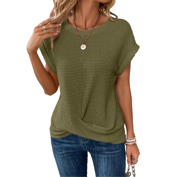 QINCAO Womens Tops Waffle Knit Twist Front Rolled-Up Sleeves Casual Loose Shirts S-XXL