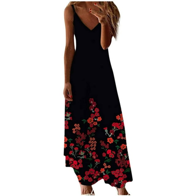 Robe Maxi à Imprimé Floral pour Femmes Sans Manches, Robes d'Été Décontractées, Col en V, Bretelles Spaghetti, Longue Robe Soleil