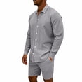 thumbnail image 5 of HBGVBA Men 2 Piece Outfit Long Sleeve Button Collared Shirt and Waist Elastic Shorts Set, 5 of 5
