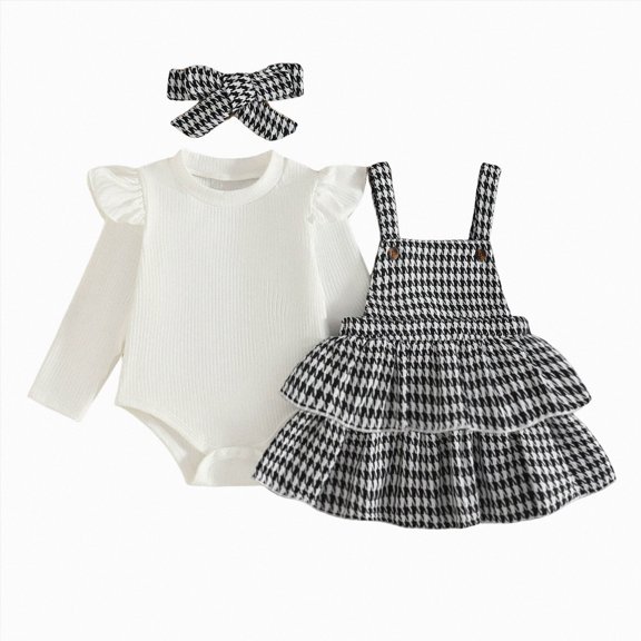 mgoYE Infant Baby Girl Fall Outfit Ruffle Sleeve Romper Plaid Suspender Skirt Sets Layered Dress with Headband