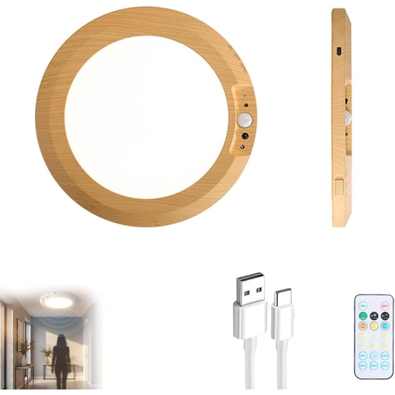 Rechargeable Motion Sensor Light Indoor with Remote, Magnetic Ceiling Light with Built-in 7000mAh Battery, 3 Color Temperatures for Closet Shower Stairs Shed Hallway (Wood Grain)