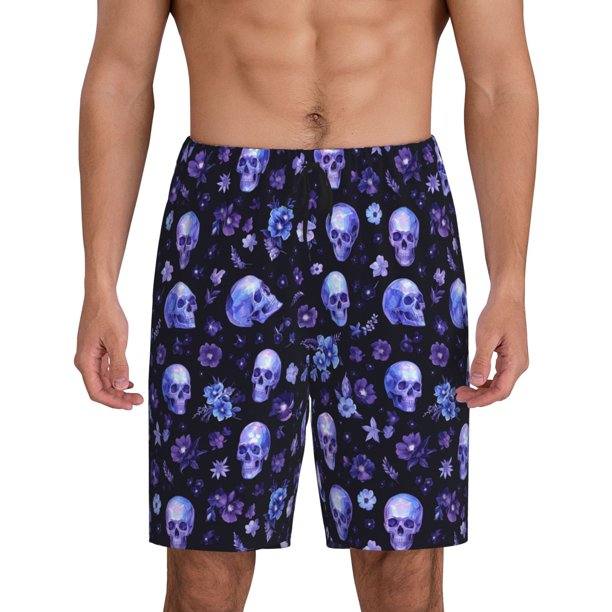 Fotbe Skull flower leaf purple Pantalones Cortos de Pijama para Hombre, Ropa de Dormir, Pantalones de Pijama Cortos para Hombre-Small