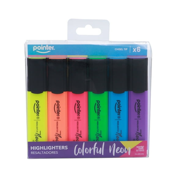 Pointer Neon Highlighters, Chisel Tip, Assorted Colors, 6 Count (1 pack), for School and Office