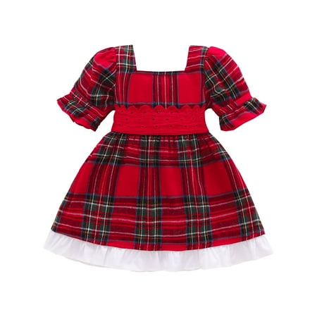 

sdghg Toddler Baby Girls Christmas Dress Square Neck Puff Sleeve Lace Decor Bowknot Plaid Dresses Holiday Party Dress