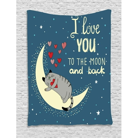 - I Love You Tapestry, Sleepy Cat Holding Hearts over the Moon at Night Sky Kitty Caricature, Wall Hanging for Bedroom Living Room Dorm Decor, 60W X 80L Inches, Slate Blue Grey Ivory, by Ambesonne