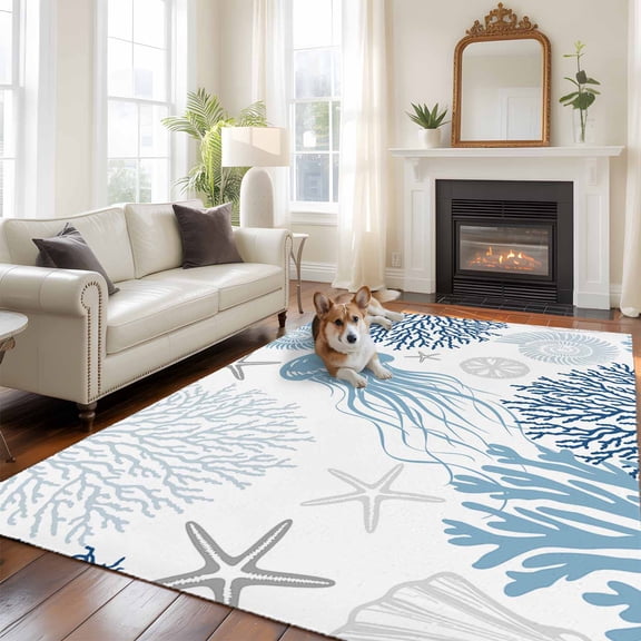 6'x9' Area Rugs, Navy Blue Coastal Indoor Outdoor Area Rug for Living Room Bedroom, Coral Jellyfish Nautical Washable Bathroom Rugs Kitchen Floor Carpet Mats Home Decor Aesthetic