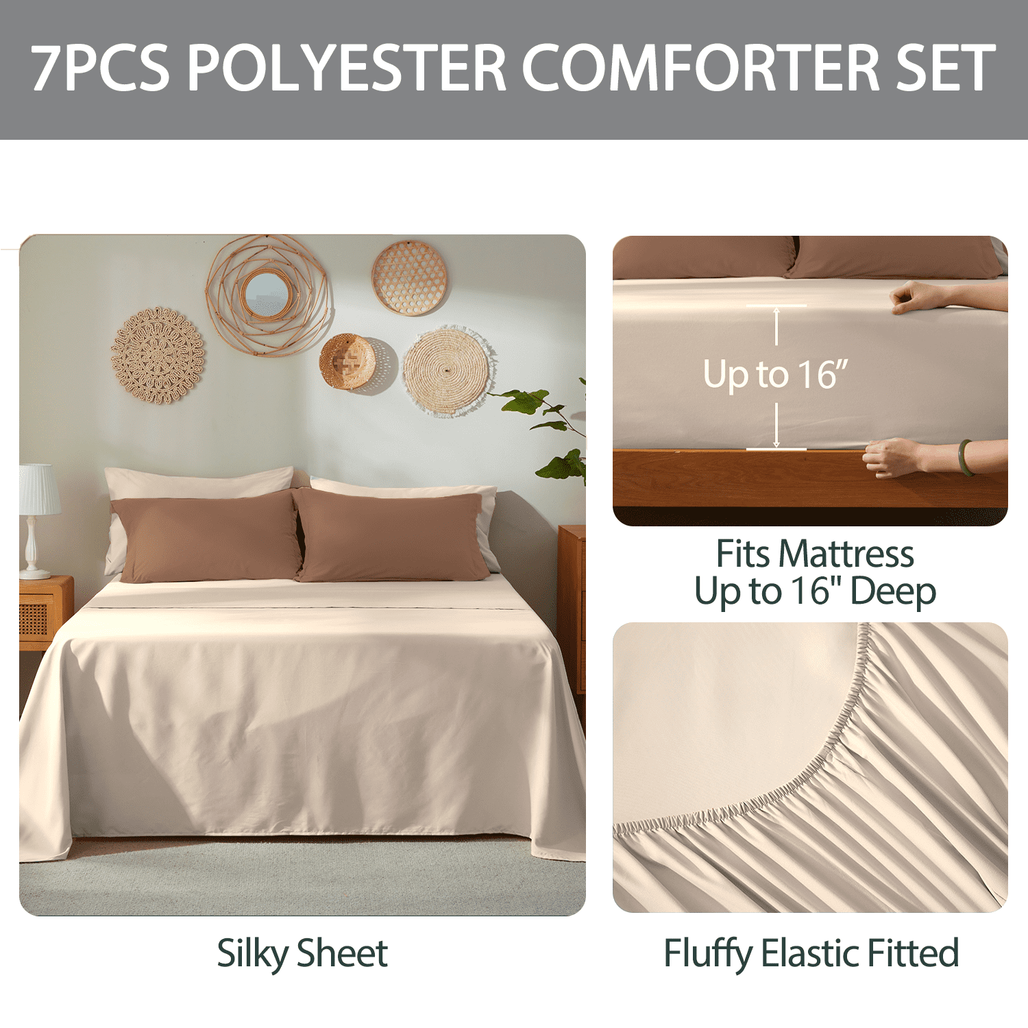 Bedtreat Full Comforter Sets，7-Pieces Reversible Bedding Sets，Bed in a Bag with Comforter， Flat Sheet and Fitted Sheet, Pillowcases & Shams，Mocha/Sand Dollar