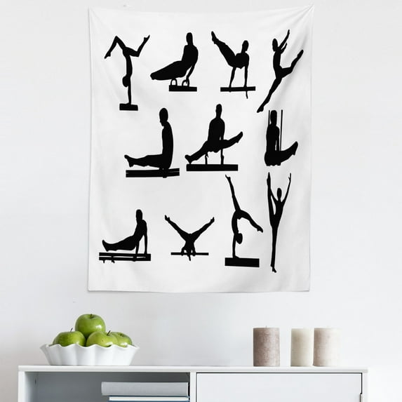 Gymnastics Tapestry, Composition of Mens Pommel Horse Athlete Silhouettes with Various Poses, Fabric Wall Hanging Decor for Bedroom Living Room Dorm, 5 Sizes, Black and White, by Ambesonne