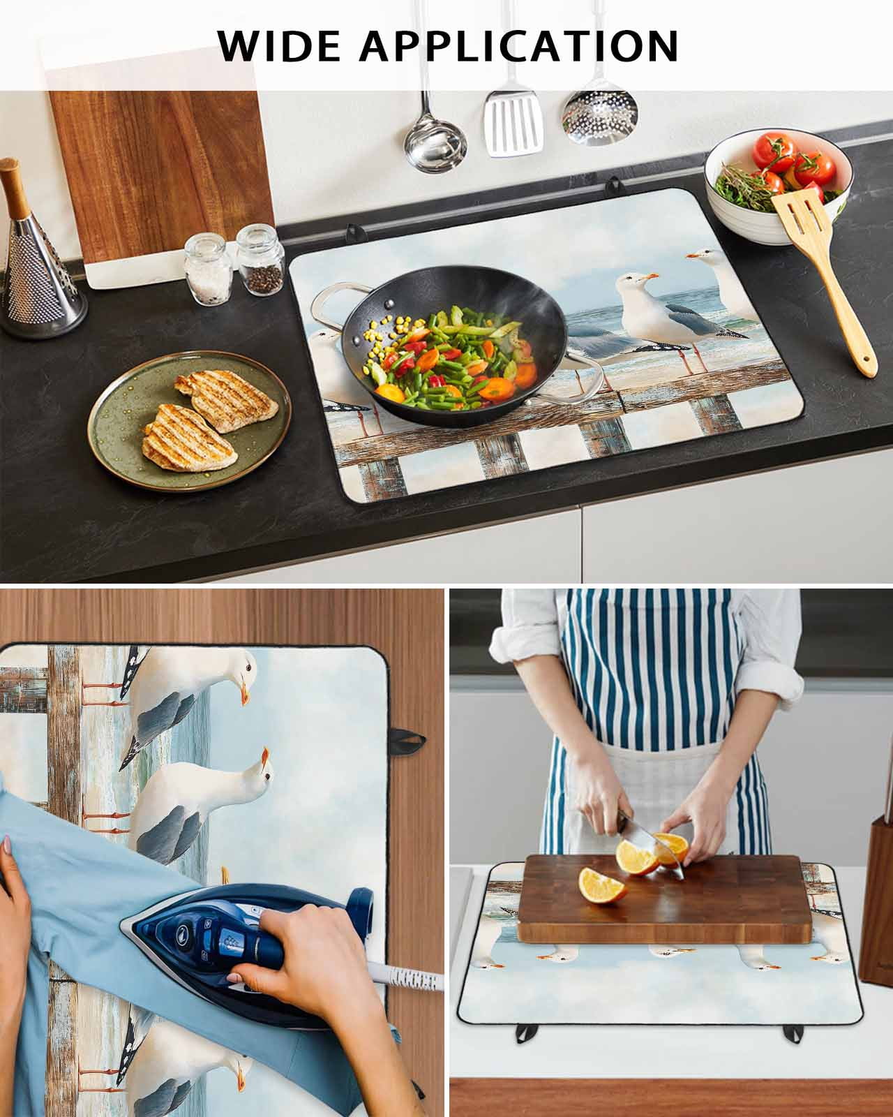 nqOlkjepod Large Induction Cooktop Protector Mat 31"x24", Coastal Seagull Stove Top Covers for Electric Stove, Summer Beach Ocean Bird Watercolor Stove Burner Cover Mats, Glass Top Stove Cover