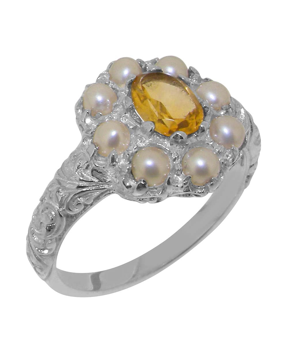 LBG British Made 14k White Gold Natural Citrine & Cultured Pearl Womens