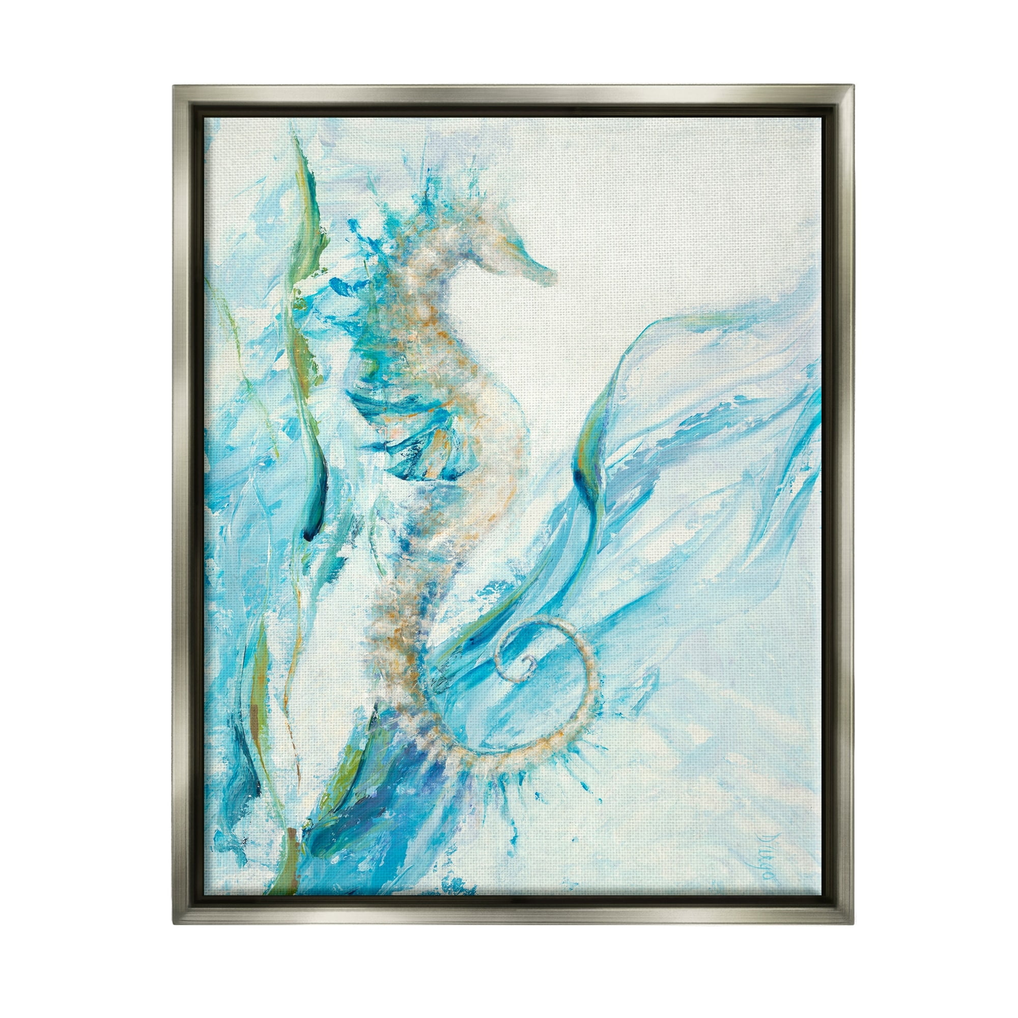 Stupell Industries Nautical Seahorse Blue Fluid Ocean Water Metallic Gold Framed Floating Canvas Wall Art, 24x30, by Third and Wall