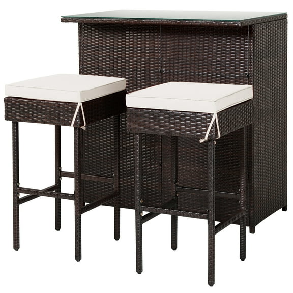 Patiojoy 2 Pcs Rattan Bar Set with 1 Bar Table and 2 Cushioned Stools, Silver/Black