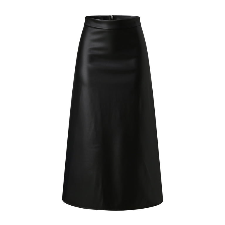 Kcocoo Womens Solid Color High Waist Faux Leather Skirt A Line