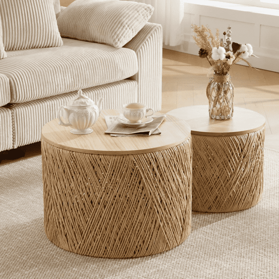 Guyou Nesting Tables Round Natural Wood Drum Coffee Tables with Storage for Living Room Bedroom Small Space, No Assembly Required, Log(Set of 2)
