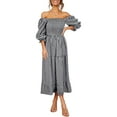 thumbnail image 2 of hirigin Inevnen Women's Boho Flowy Cottagecore Puff Sleeve Off The Shoulder Summer Casual Plaid Ruffle Midi Long Dress, 2 of 7