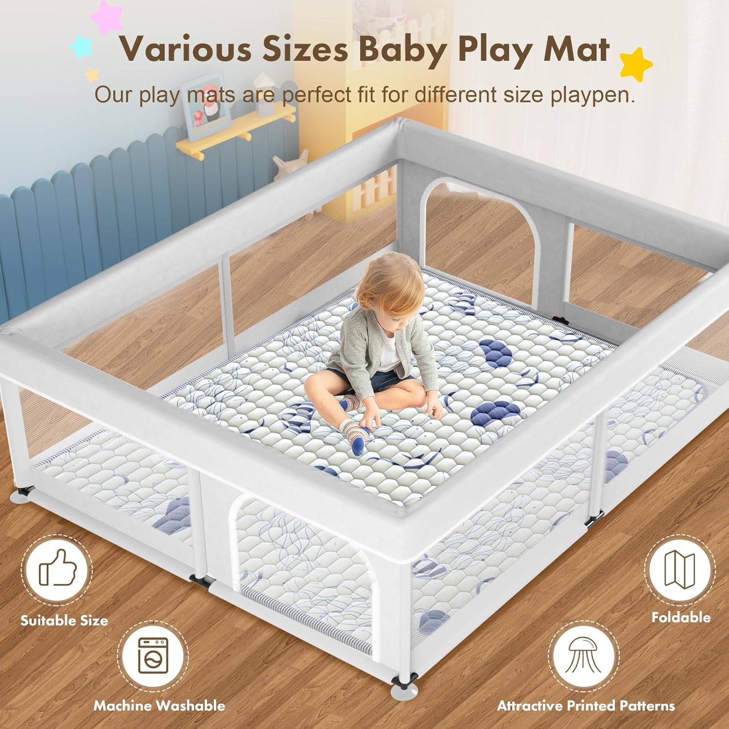 Baby Play Mat for Floor, Non-Slip Safe Extra Large Mat for Toddlers, Fit 71"x59" Playpen, Jellyfish Printed Pattern