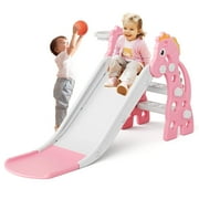KORIMEFA Kids Slide for Toddlers Age 1-3, Toddler Slide Climber Set for Indoor Outdoor, Baby Climber Toy Freestanding Slide with Basketball Hoop & Ball, Pink
