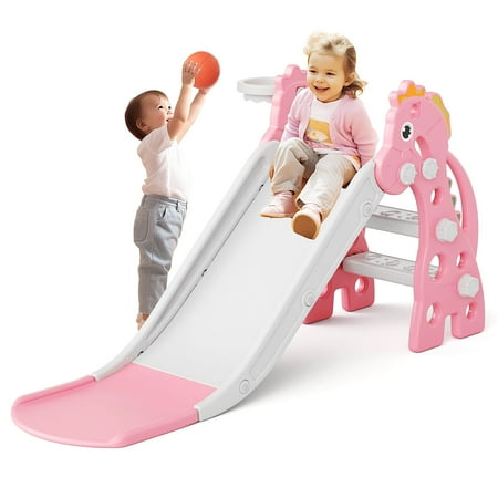 KORIMEFA Kids Slide for Toddlers Age 1-3, Toddler Slide Climber Set for Indoor Outdoor, Baby Climber Toy Freestanding Slide with Basketball Hoop & Ball, Pink