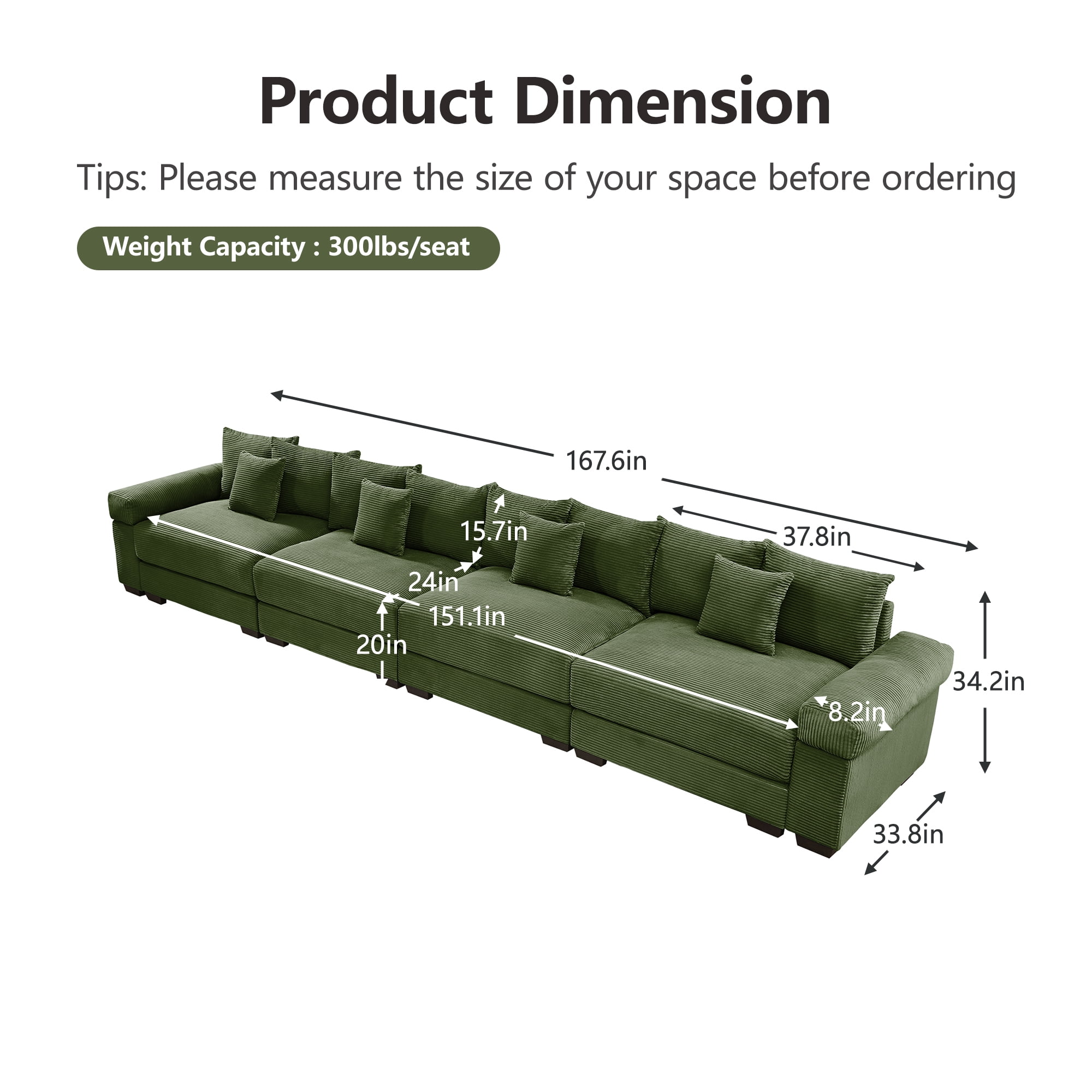 Anpport 170" Oversized Cloud Modular 4-Seater Green Corduroy Sofa, 12 Throw Pillows Included, Washable Removable Covers, Double-Layer Thick Cushions, Wide Armrest