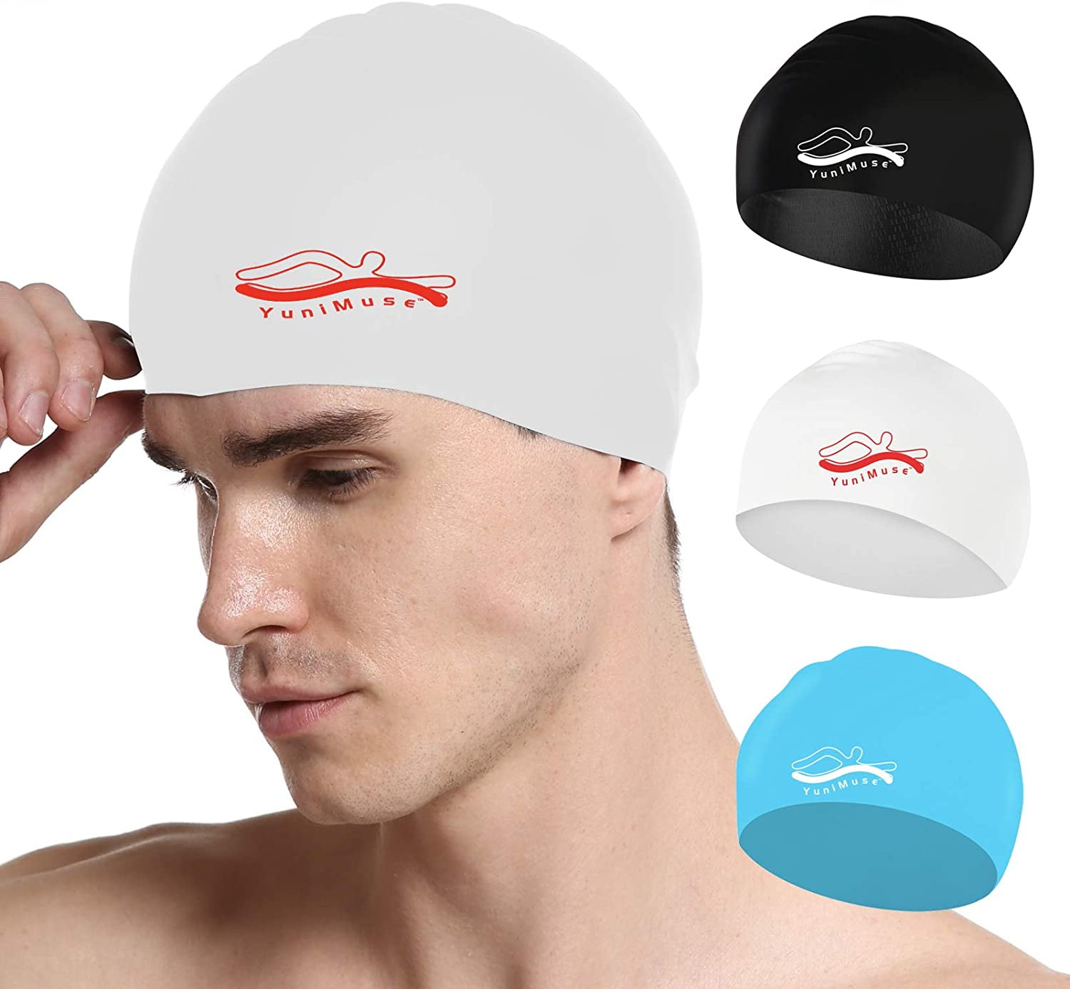 Smooth Surface and Non-Slip Inside Upgrade 1mm Thickness YuniMuse Silicone Swim Cap 3 Pack for Women Men Adults Boys Girls 