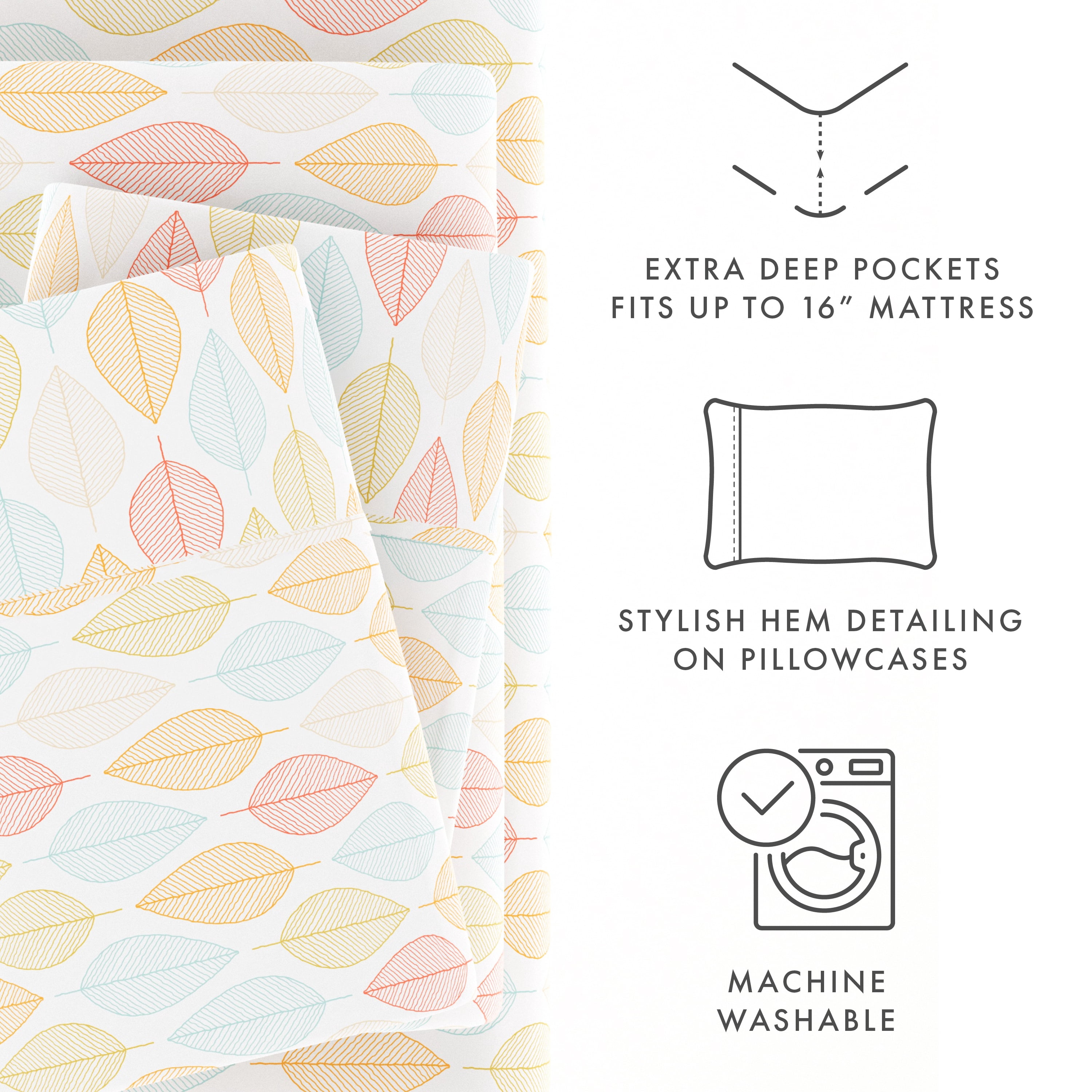 Noble Linens 4 Piece Pattern Microfiber Bed Sheets Set, Yellow Fall Foliage, California King
