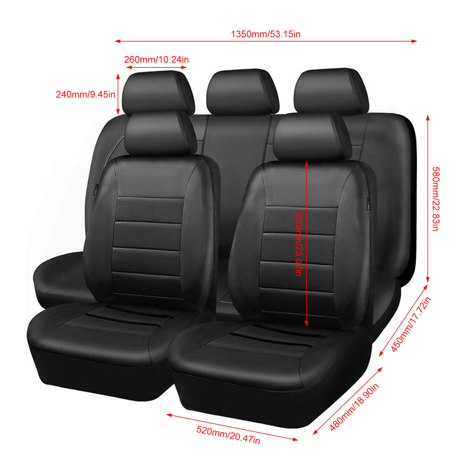 CACAGOO 9 Pcs Car Seat Covers Full Set – Classic Black Faux Leather Front & Rear Bench Protector, Comfortable Fit for Cars, Trucks & SUV